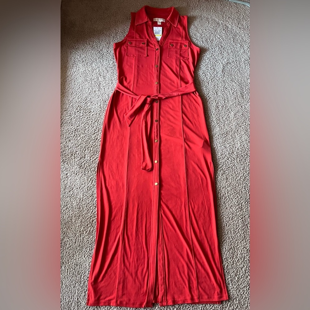 NWT Michael Kors Maxi Button Down Belted Sleeveless Shirt Dress Dark Persimmon M - Picture 2 of 10